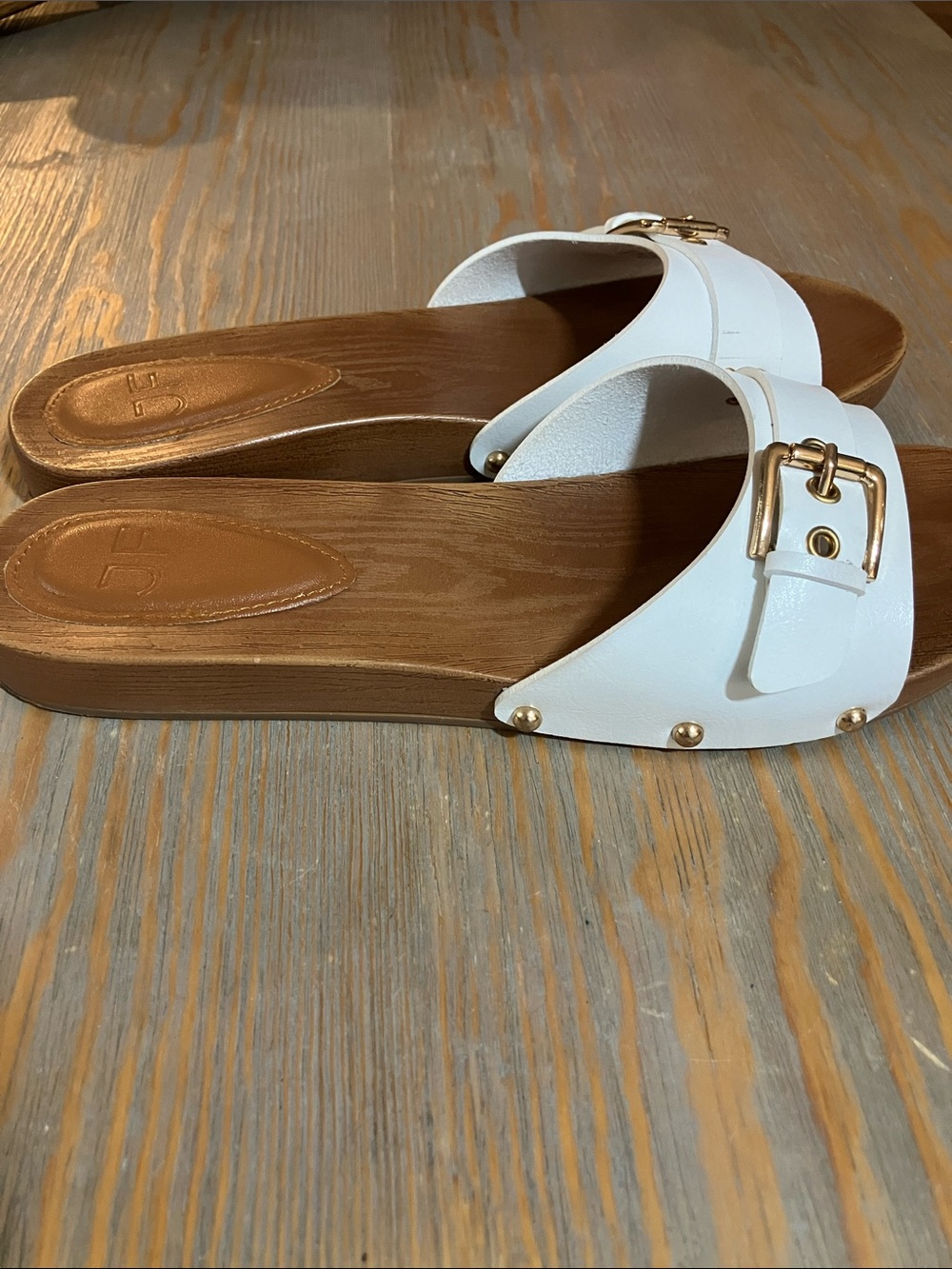 JustFab White Slide Sandals with Gold Buckles - Picture 2 of 5